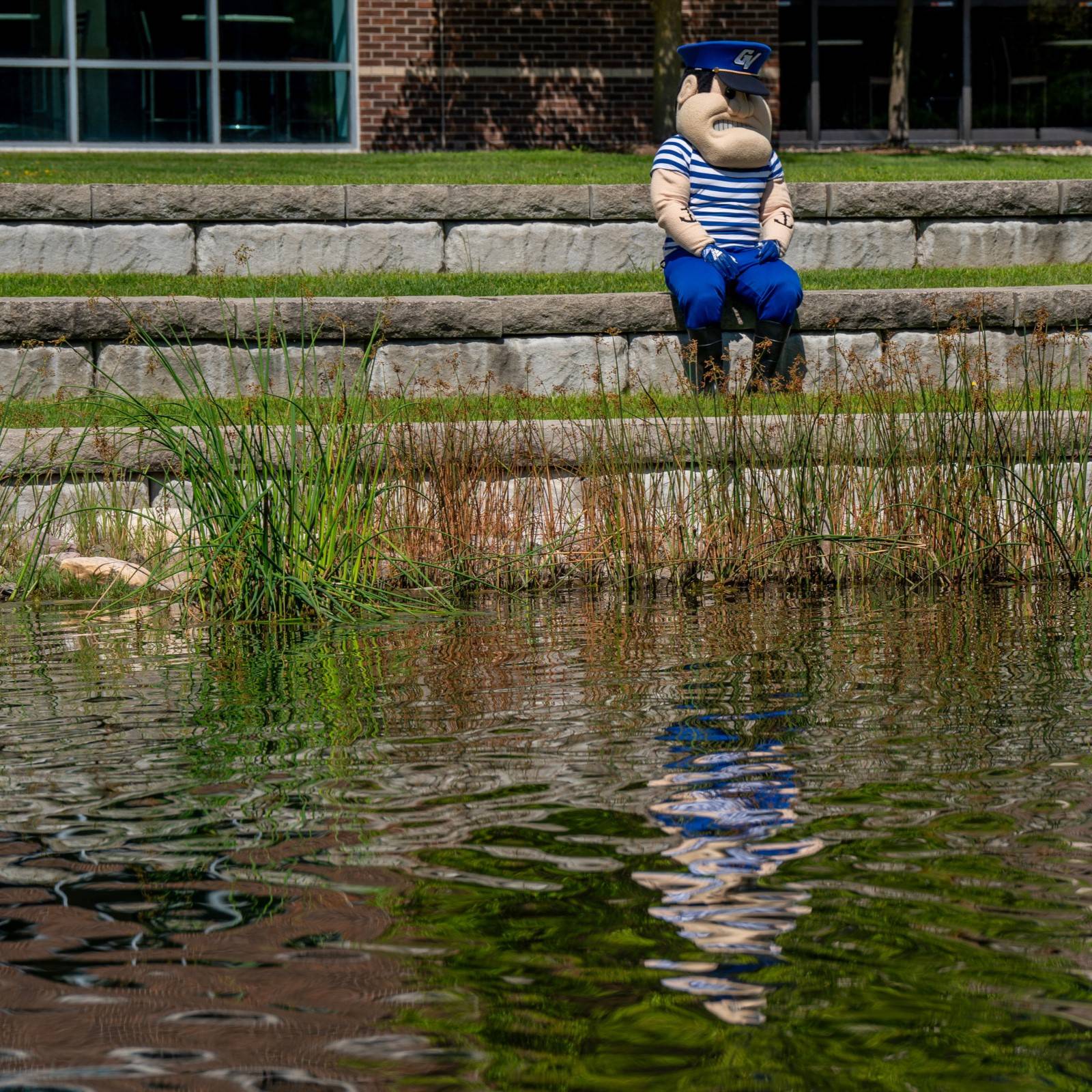 Louie the Laker looking into pond